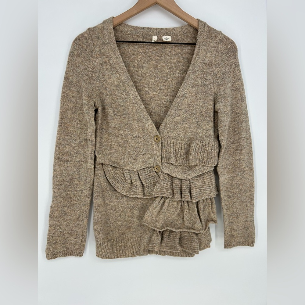 Anthropologie Moth Wool Split Decision Ruffle Cardigan In Tan-Size‎ Small Office